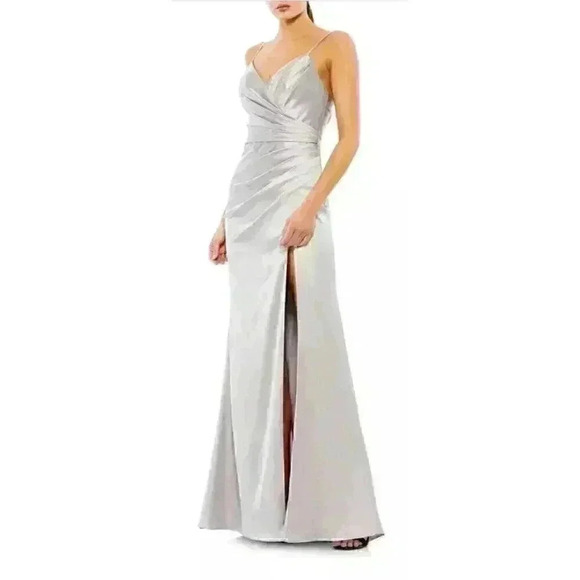 Mac Duggal Dresses & Skirts - New Mac Duggal Satin Sleeveless Faux Wrap Ruched Gown Platinum Silver Size 2